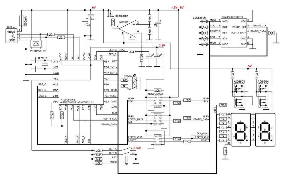 программатор AVRISP mkII (поддерживаются интерфейсы ISP, TPI и PDI)