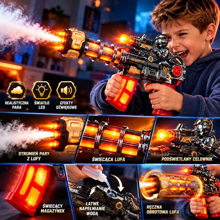 Kosmiczny Blaster z Podświetleniem LED i Efektem Pary z Lufy