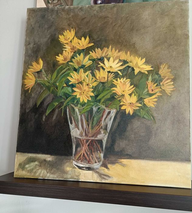 Kwiaty topinamburu, obraz olejny n juża płótnie, 56x60 cm