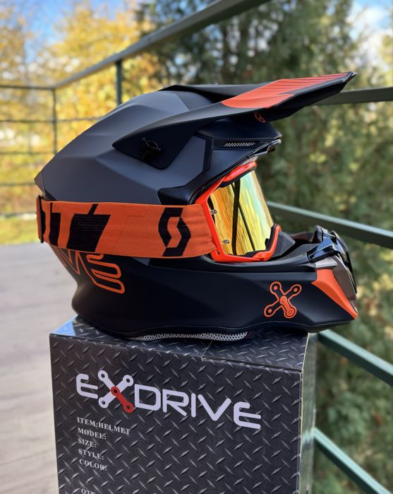 Мото Шолом шлем кросовий Enduro Exdrive FOX сірий оранжевий чорний orz