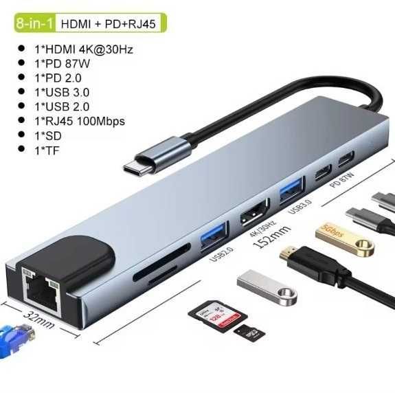 Usb Hub Type C док станція 8in1 концентратор адаптер кард рідер HDMI PD SD TF card reader RJ45 4K