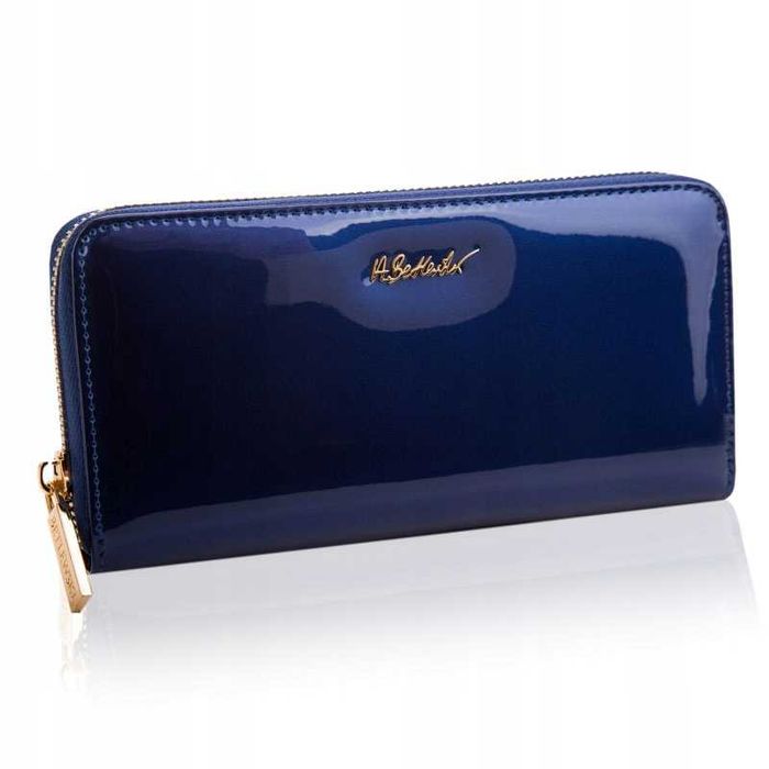 BETLEWSKI Skórzany Portfel Damski Z Rączką Lakierowany Granatowy Logo