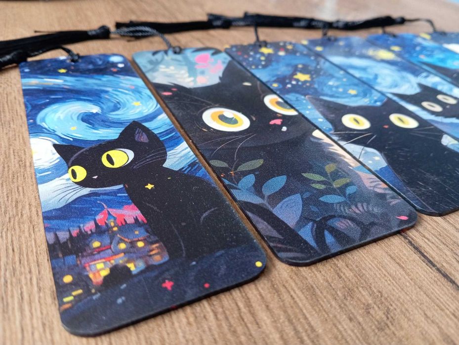 6 plastikowych zakładek do książek. Czarne koty nocą