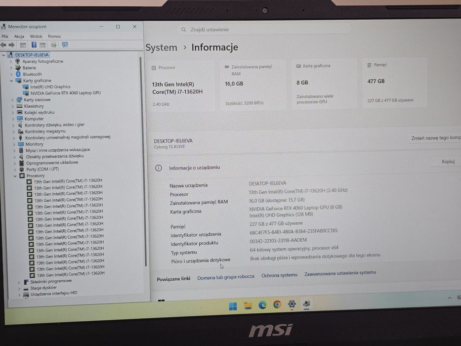 Laptop gamingowy MSI Cyborg 15 | i7-13620H | RTX 4060 8GB | 16GB RAM | 512GB SSD