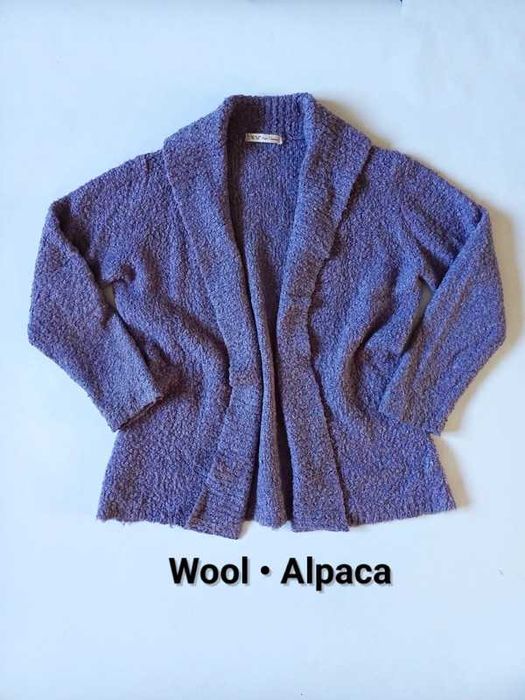 Kardigan boucle wełna alpaka gruby miękki sweter L XL ciepły vintage