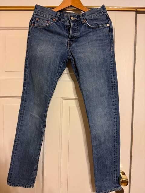 Jeansy męskie w28 L32 granatowe z przetarciami  bawełna Weekday