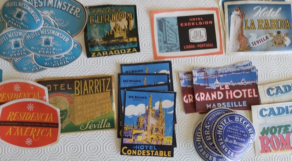 Autocolantes VINTAGE para malas de viagem de hotéis Europa e Angola