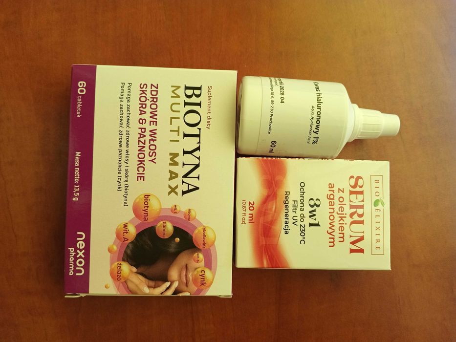 Kobiecy zestaw biotyna tabl kwas hialuronowy serum do włosów