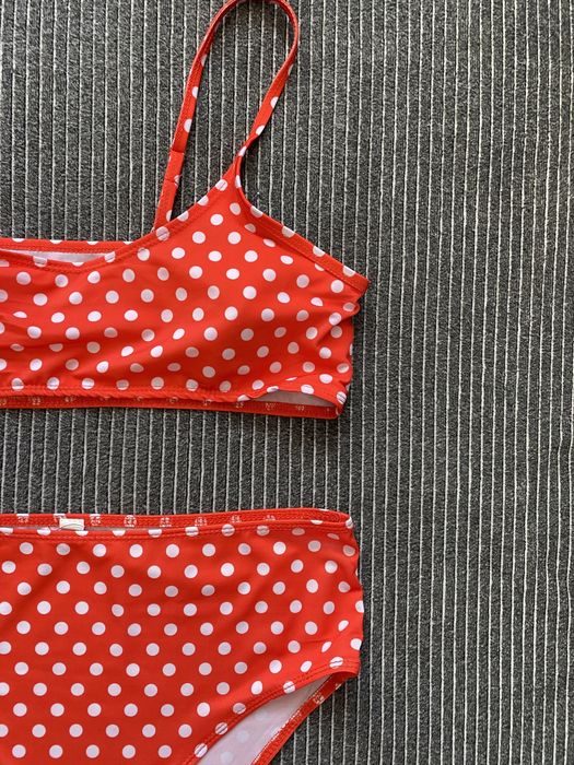Женский купальник с высокой посадкой/ талией ярко красный в горошек