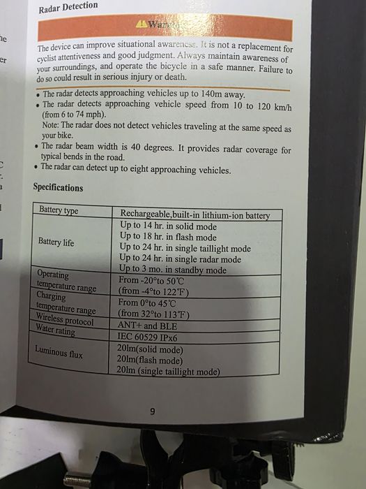 Radar de bicicleta W109 - Monitor de pontos cegos