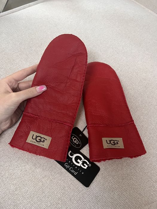 Czerwone rękawiczki ugg skórzane skóra prezent kożuch owcza