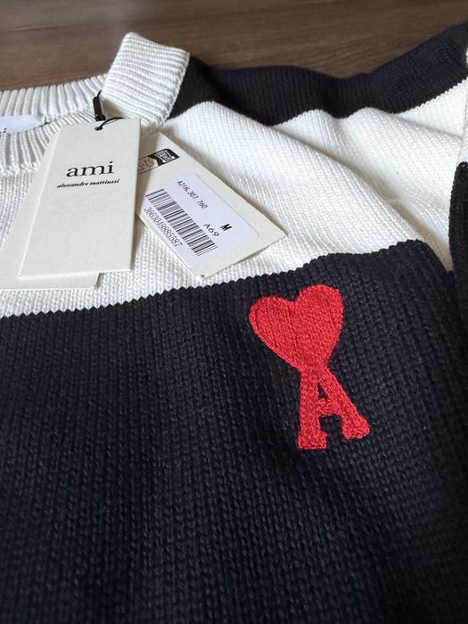 AMI Paris Sweter Paski Czarny Biały Heart Logo M Nowy z Metką