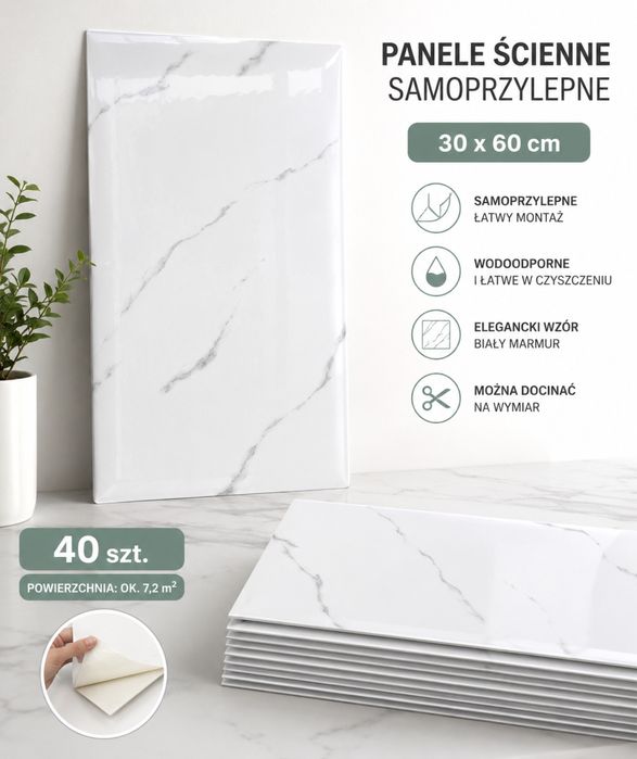 Samoprzylepne panele ścienne 30x60 cm – białego marmuru | 40 szt.