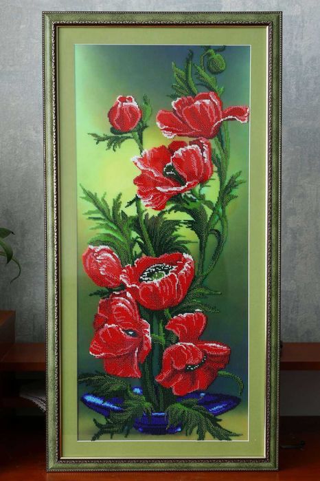 Картина вишита бісером "Червоний мак" 84*43, чеський бісер, антиблік