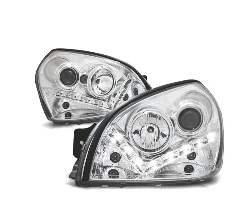 FAROIS FRONTAIS PARA HYUNDAI TUCSON 04-10 LUZ DIURNA FUNDO CROMADO