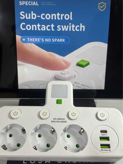 Adaptador extenção 3 tomadas + USB