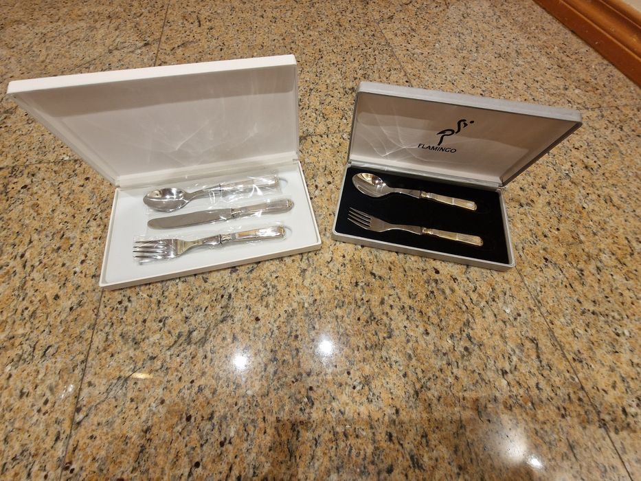 Conjunto Talheres Criança em prata e inox - Novo (2 conjuntos)