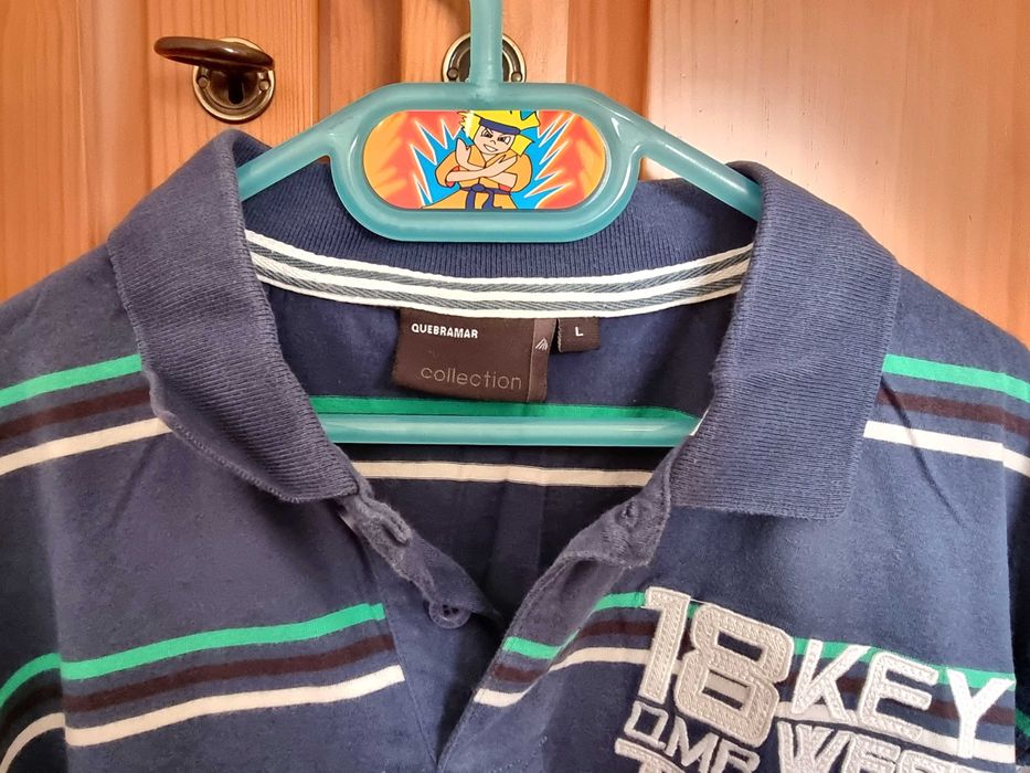 Polo de manga curta azul às riscas Quebramar, tamanho L