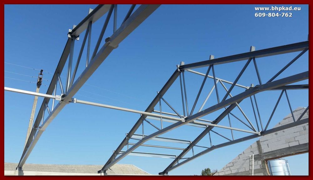 Wiązary dachowe. Magazyn. 16x50m. Dach stalowy. BHP KAD. Bartoszyce.
