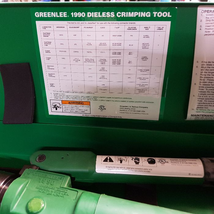 Ferramenta de crimpagem Greenlee 1990 Dieless Crimping Tool Hidráulico