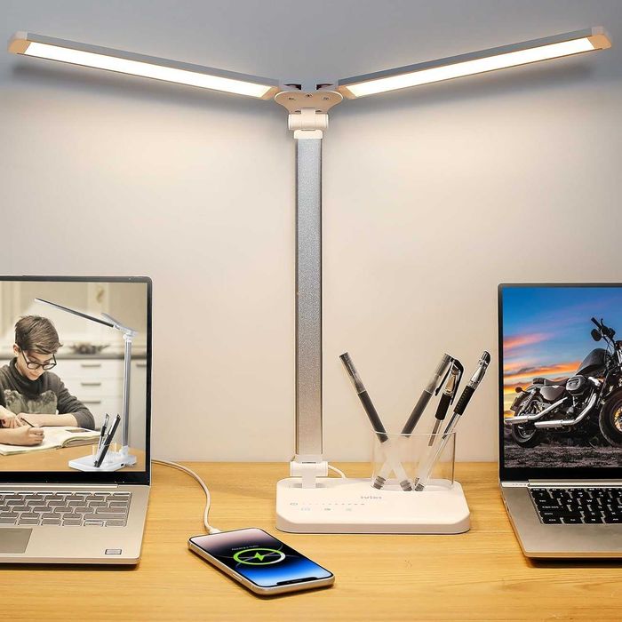 Candeeiro de Secretária LED com Braço Duplo Ajustável | 5 Modos de Luz e Controlo Touch Porta USB, Temporizador 45 min e Função Memória
