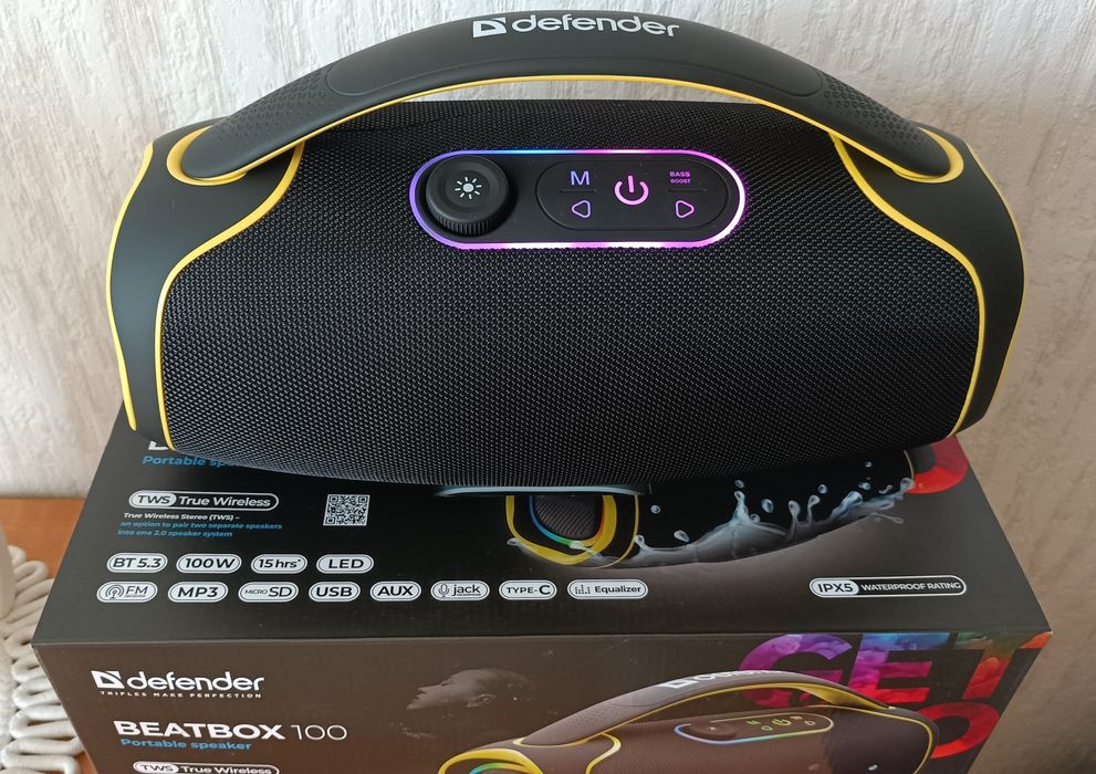 Głośnik Defender Beatbox 100W Bluetooth 5.3 IPX5 Bass Boost 3x MicroSD USB 2.0 AUX.3,5mm Radio FM