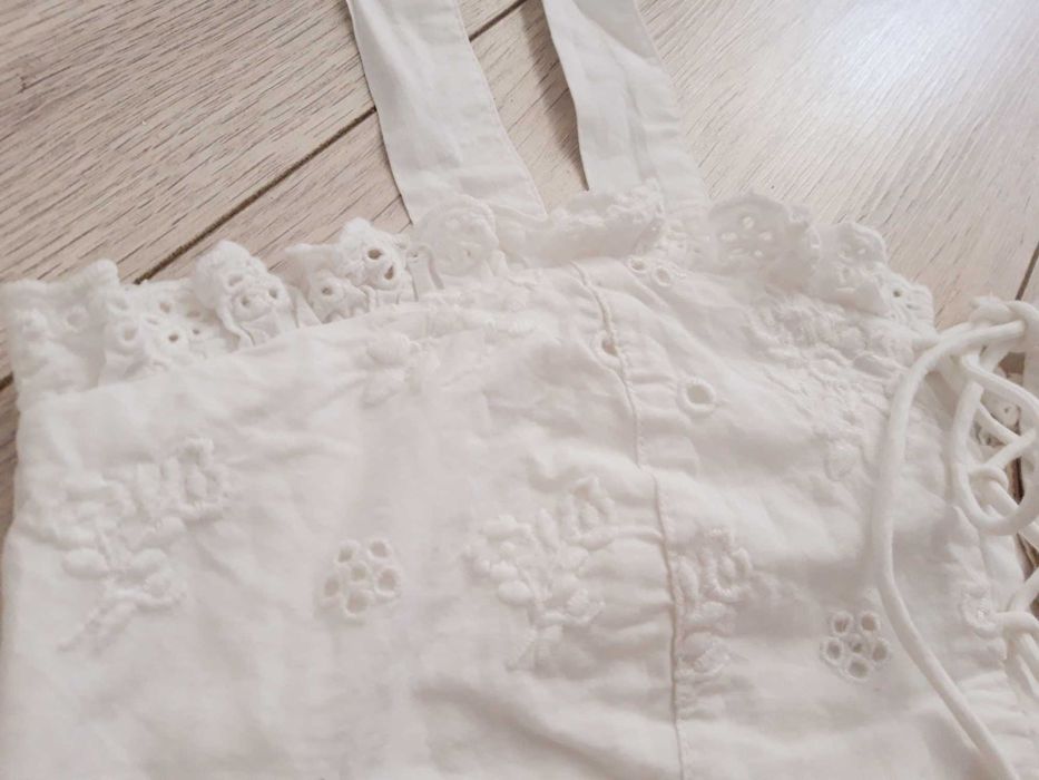Top H&M biały ażur haft falbanki wiązany M 38 bluzka