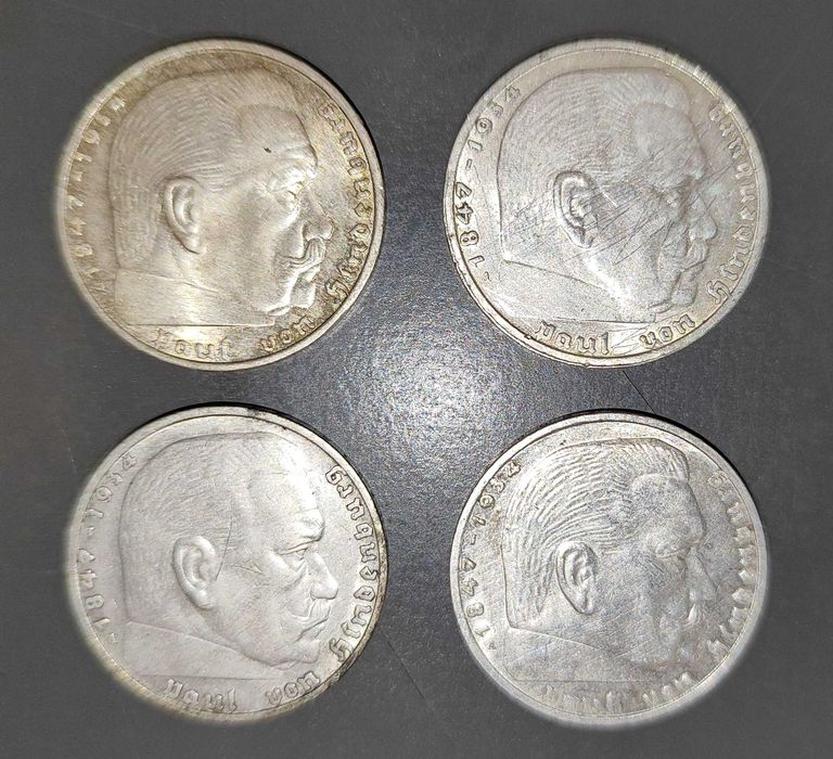 Zestaw 4 srebrnych monet: 2 reichsmarki 1938 / 1939, III Rzesza