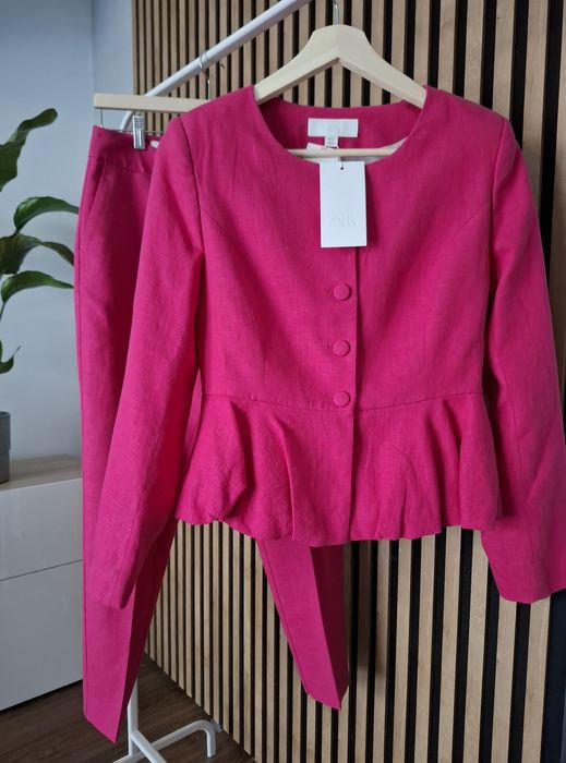 Lniany komplet fuksja spodnie żakiet fuksja M 38