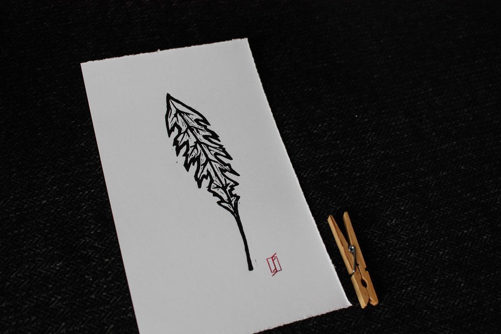 Linoryt, grafika artystyczna / warsztatowa – Liść mniszka no. 1