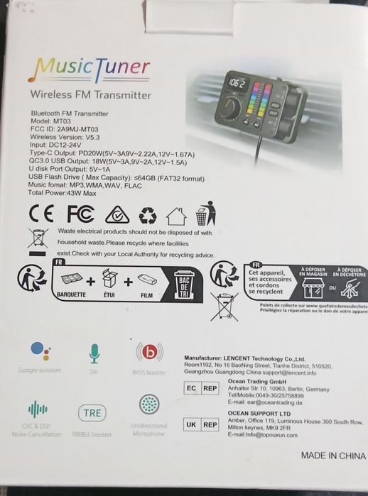 Bezprzewodowy adapter głośnomówiący FM bluetooth USB ładowarka samoch