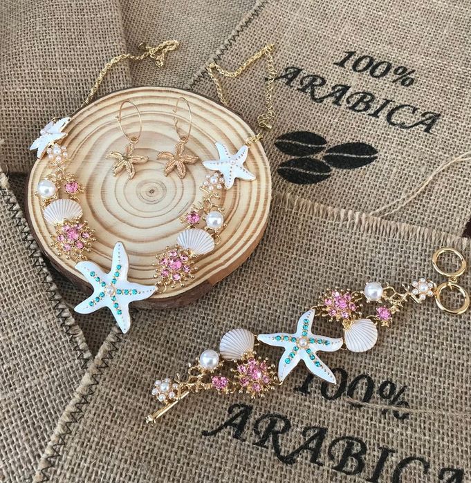 Zestaw biżuterii: naszyjnik, bransoletka i kolczyki styl morski