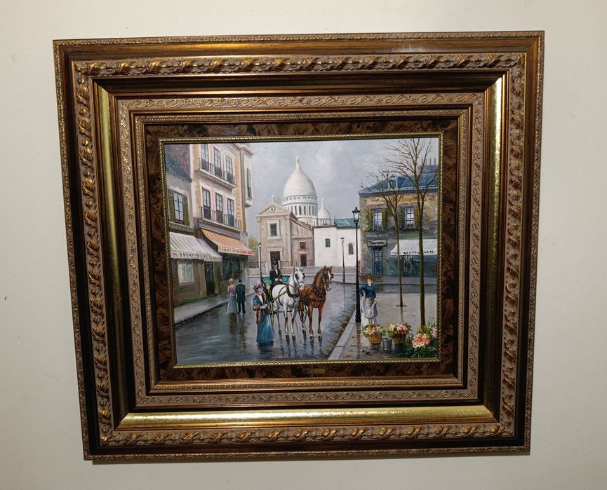 Par de pinturas a óleo sobre tela – ruas parisienses,  Belle Époque