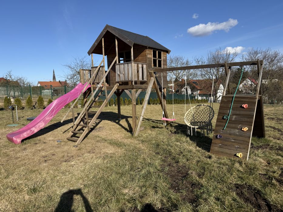 Plac zabaw ogrodowy domek, huśtawka,ślizgawka ,wspinaczka,piaskownica
