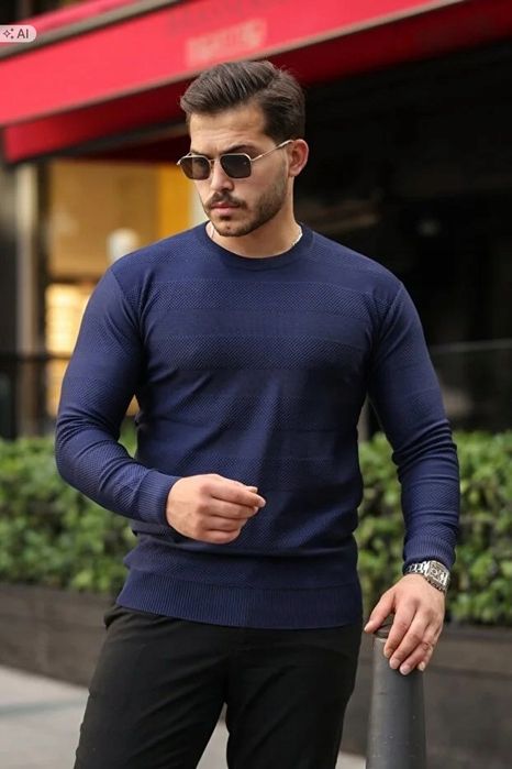 Gładki sweter męski z paskowanym wzorem oversize l 5ia
