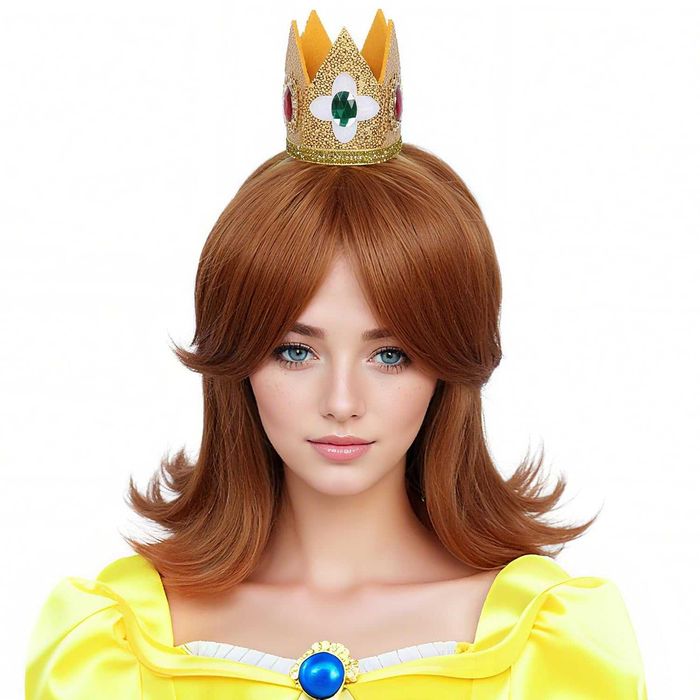 Peruca Ruiva Castanho: Princesa com Coroa Estilo Retro Anos 60/70 para Festa de Halloween e Cosplay para Mulher