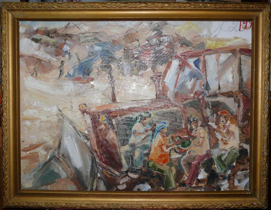 Трактористы на Стройке Кушают Арбуз. Холст Масло. Соцреализм