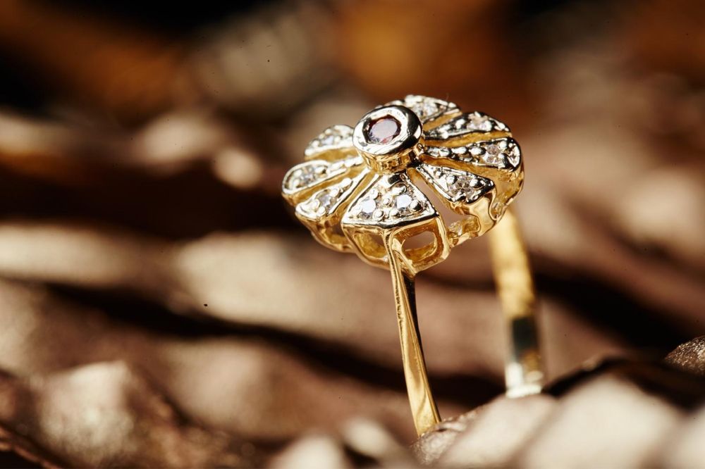 Pierścionek Złoty 585 Granat Naturalny Diamenty