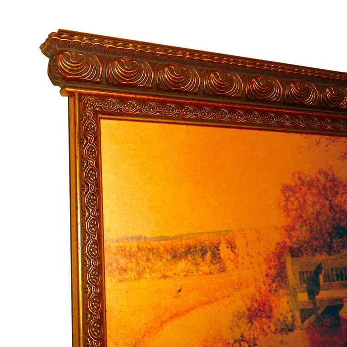 Espelho parede moldura madeira entalhada dourada encimado c/ pintura