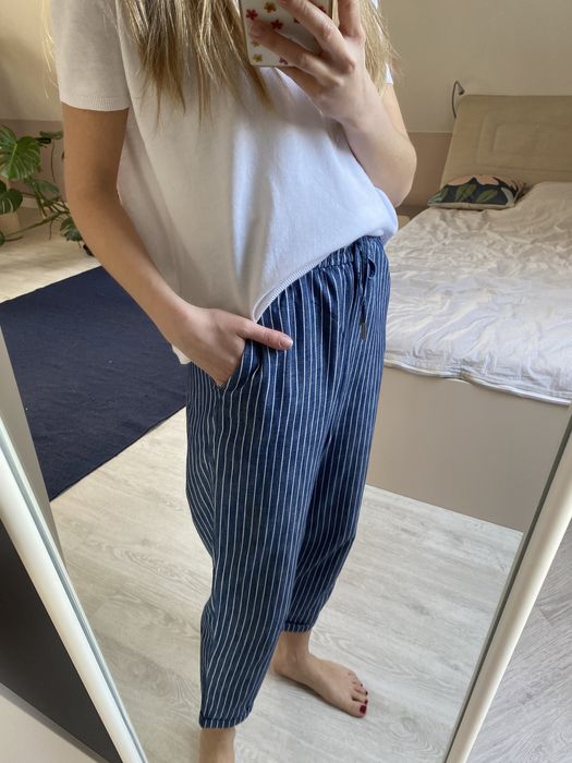 Spodnie H&M 34/36 S bawełniane letnie luźne w paski niebieskie
