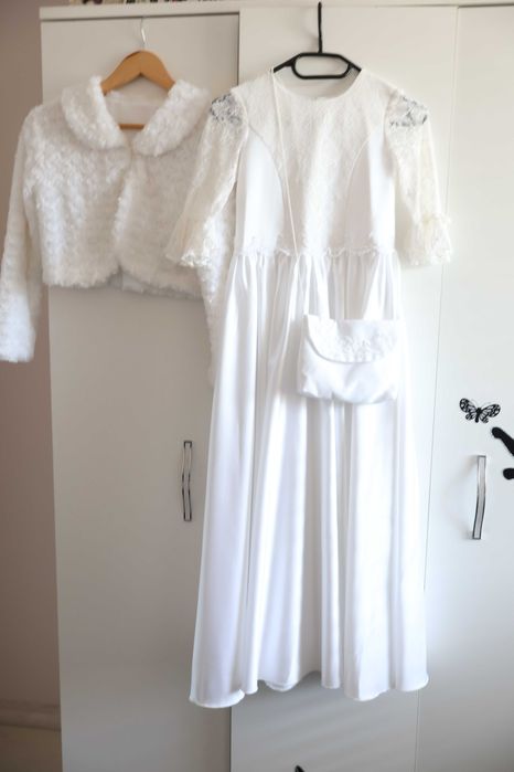 Sukienka komunijna 146 torebka rękawiczki wianek