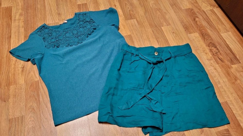 Orsay komplet letni M bluzka z koronką krótkie spodnie wysoki stan h&m
