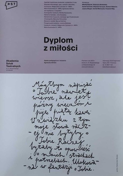 Plakat Akademia Sztuk Teatralnych Kraków Dyplom z miłości Spektakl