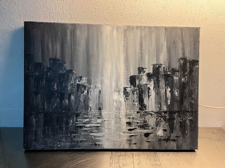 Pintura sobre Tela (50x70cm) - Paisagem Urbana na Chuva
