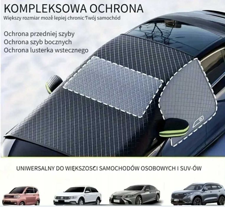 Mata antyszronowa, osłona na szybę samochodową, zielone lusterka.