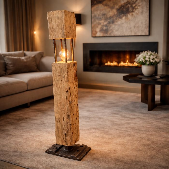 Luminária de Pé Rústica em Carvalho Antigo – Peça Única