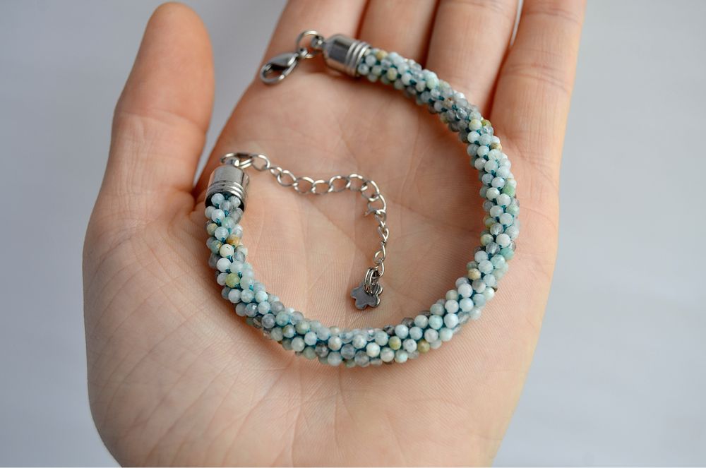 Rękodzieło bransoletka na szydełku z kamienia Amazonit