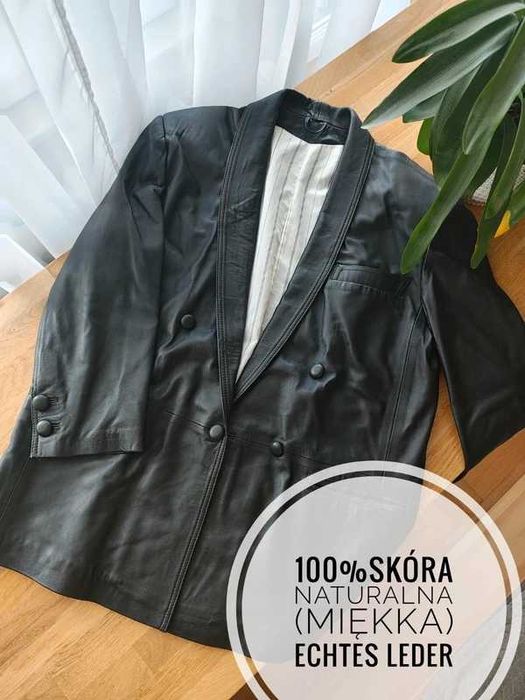 Czarna męska marynarka dwurzędowa 100% skóra naturalna