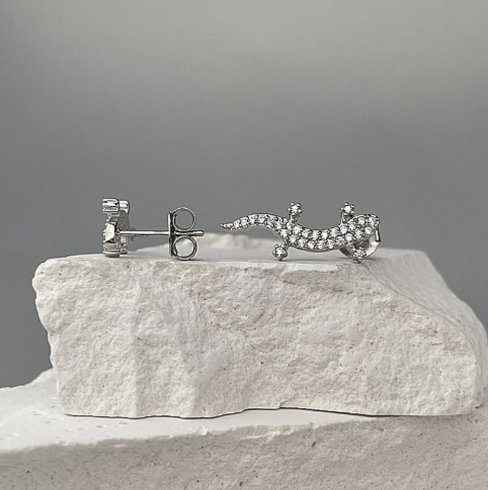Сережки-кафи Ящірка зі срібла з фіанітами