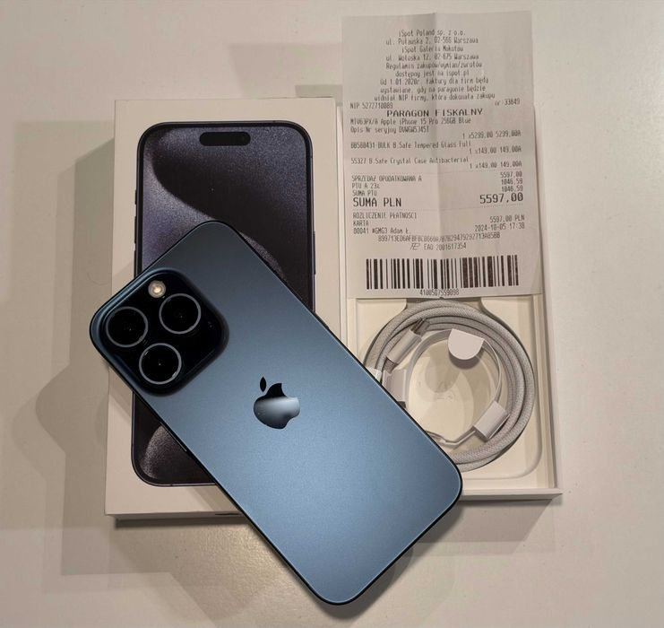 iPhone 15 Pro 256 GB Blue Titanium – idealny stan, etui w zestawie.